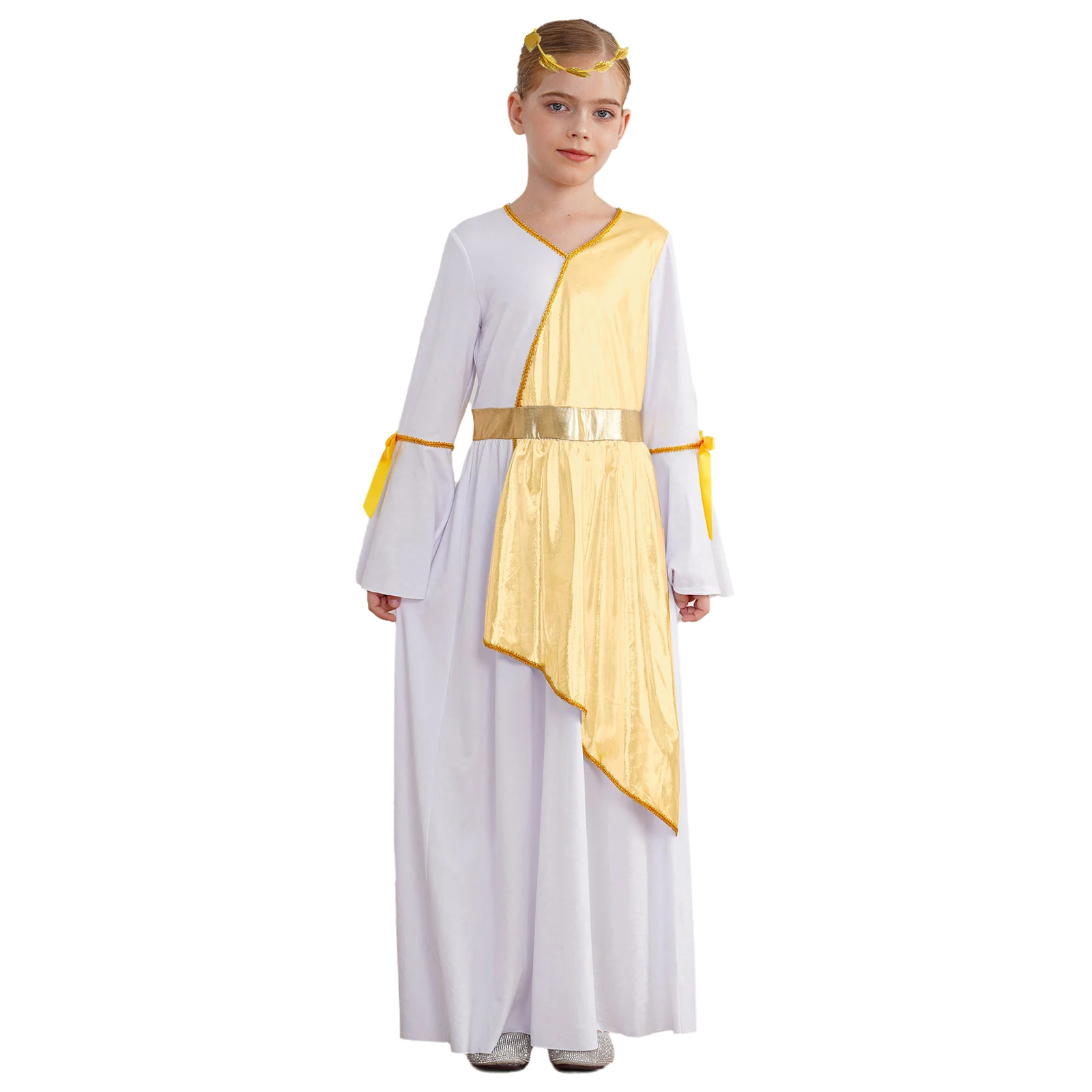 Kids Girls Ancient Greek Roman Princess Costume Halloween Party Cosplay Athena Goddesses Toga Dress Robe with Garland Headwear