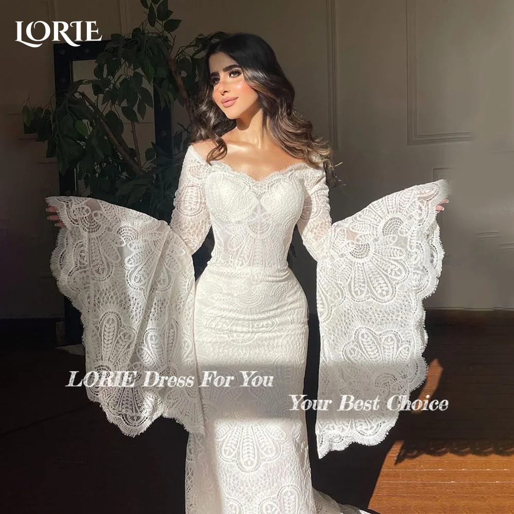 LORIE A-Linie Brautkleid mit ausgestellten Ärmeln, Stehkragen, Spitzenapplikationen, Brautkleid, maßgeschneidertes rückenfreies Brautkleid, Saudi-Kleid Dubai