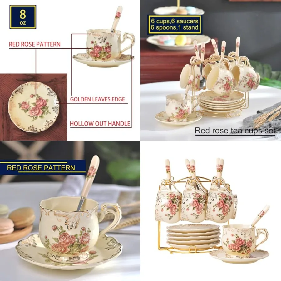 

8 OZ Tea Cups and Saucers Set of 6, Ivory Vintage Floral Porcelain Teacups Set, Coffee Cups with Golden Rack
