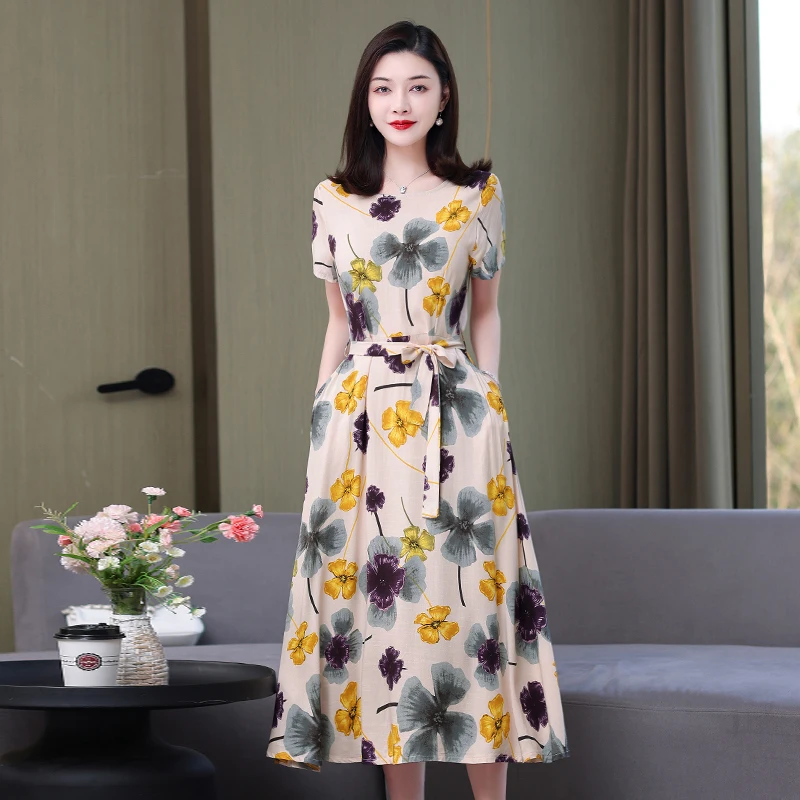 New Arrival 2024 Summer Dress Vestido Loose O-neck Casual Print Floral Cotton Women Clothing Vestidos Dresses Plus Size