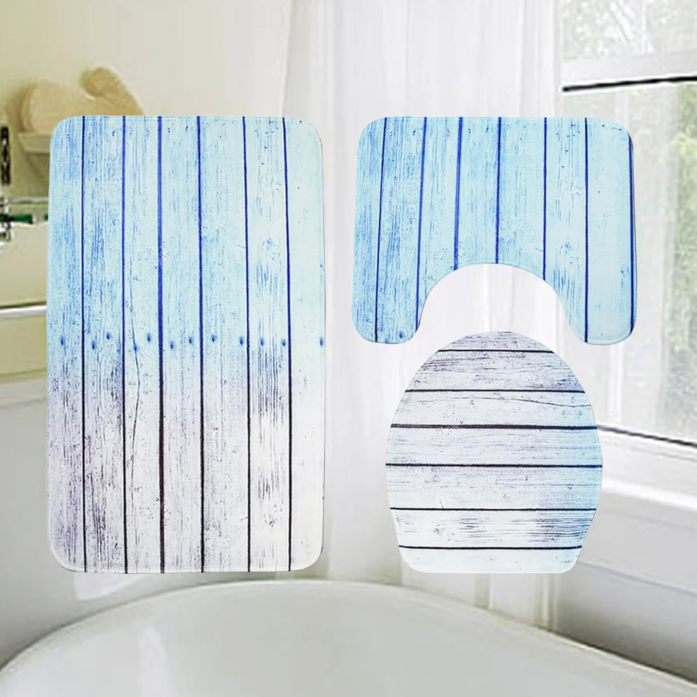 

3D Print Bathroom Set Blue Plank Design Anti- Drying Soft Absorbent Washable Floor Carpet For Toilet Area Toilet