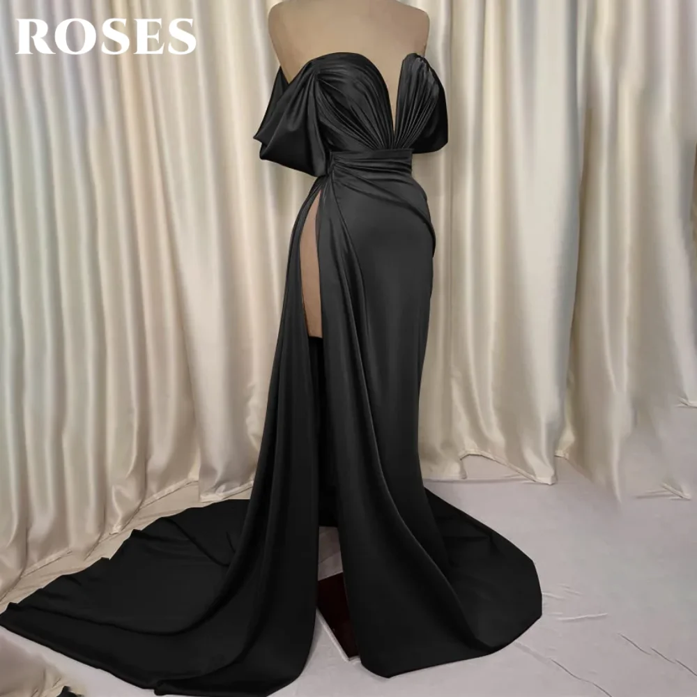 فستان سهرة باللون الأخضر الوردي قبالة الكتف من الساتان مناسبة رسمية فستان طيات فساتين حفلات البوق مع فتحة عالية مخصصة