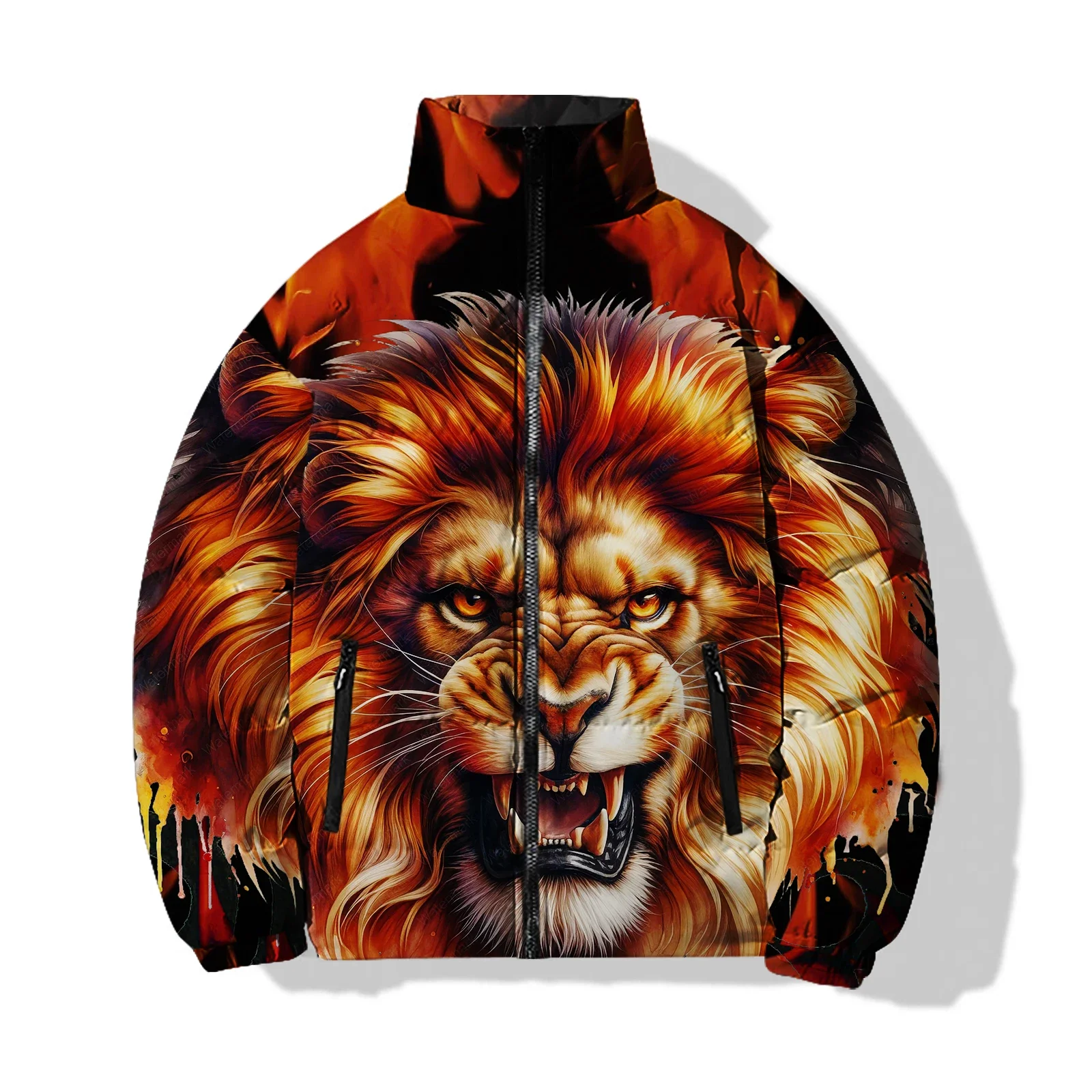 Men's Parka Wolf and Lion Print Coat Fashionable Loose Cotton Coat Mens Clothing Men's Cold Protection Jackets Man Coats