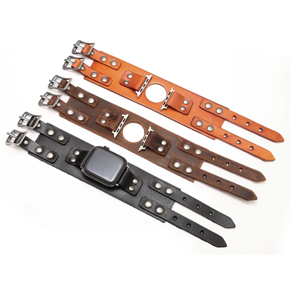 Rivet Cuff Style Bracelet Belt For Apple Watch Band 40mm 44mm 41mm 45mm 49mm Real Leather iWatch Strap 3 4 5 6 7 8 SE Ultra 1 2