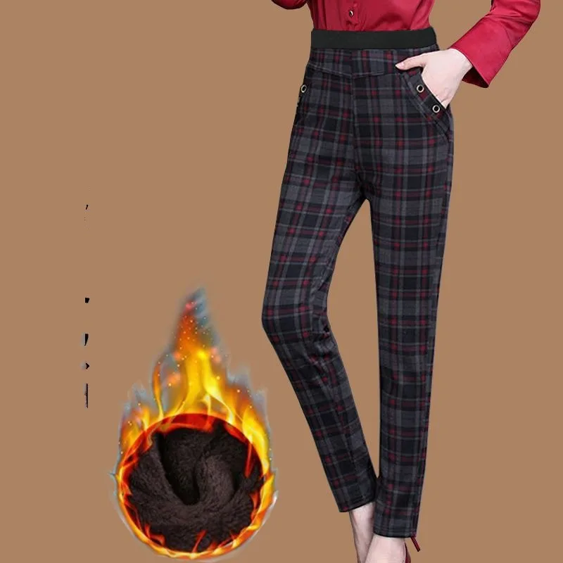 Women\'s Autumn and Winter Fashion Elegant Plaid Stripe Pocket Casual Plush Thickened Elastic High Waist Long Straight Leg Pants