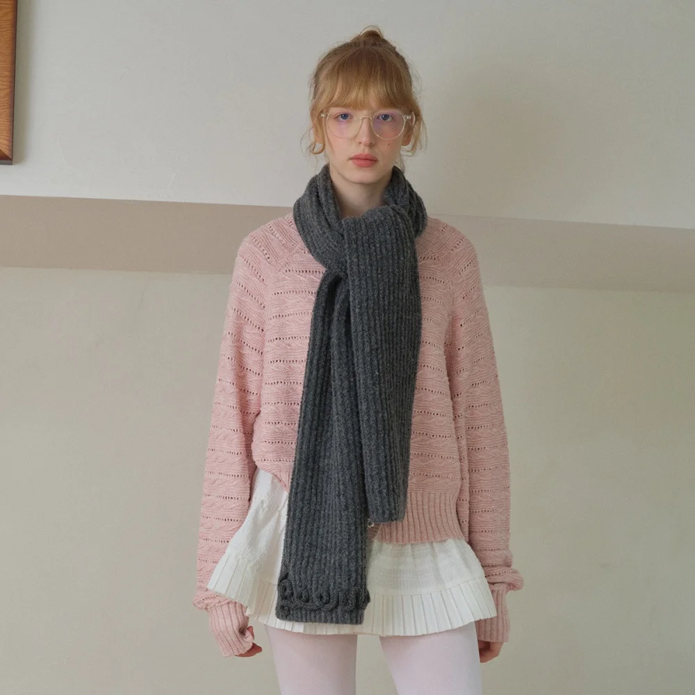 Winter Korean High-end Grey Wool Knitted Scarf Women's Atmosphere Thickened Neck Protection Cycling Skiing Scarf Decorative