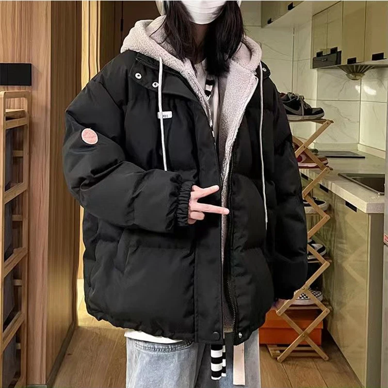 Gidyq Winter Korean Women Parkas Fashion Streetwear Female Patchwork Lamb Loose Puffer Jacket Casual Hooded Puffey Jacket New