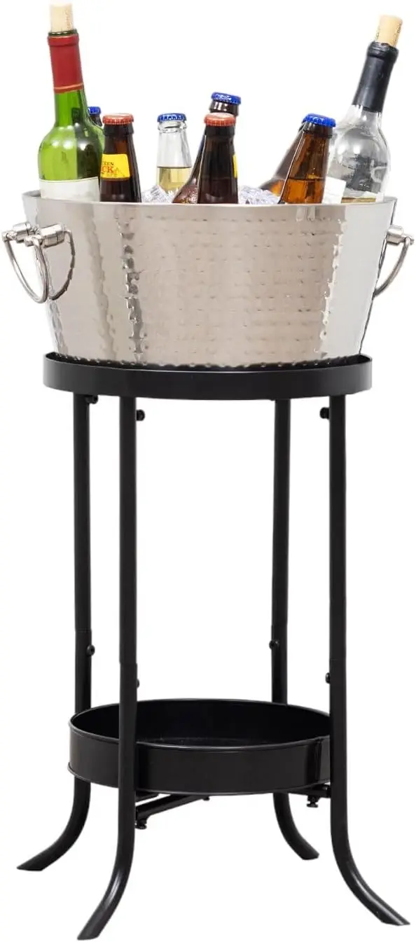 Champagne Ice Bucket with Stand Insulated Metal Wine Chiller Bucket Drink Tub with Bottom Tray Leak Proof Beverage Cooler for Parties Outdoor Patio Entertaining