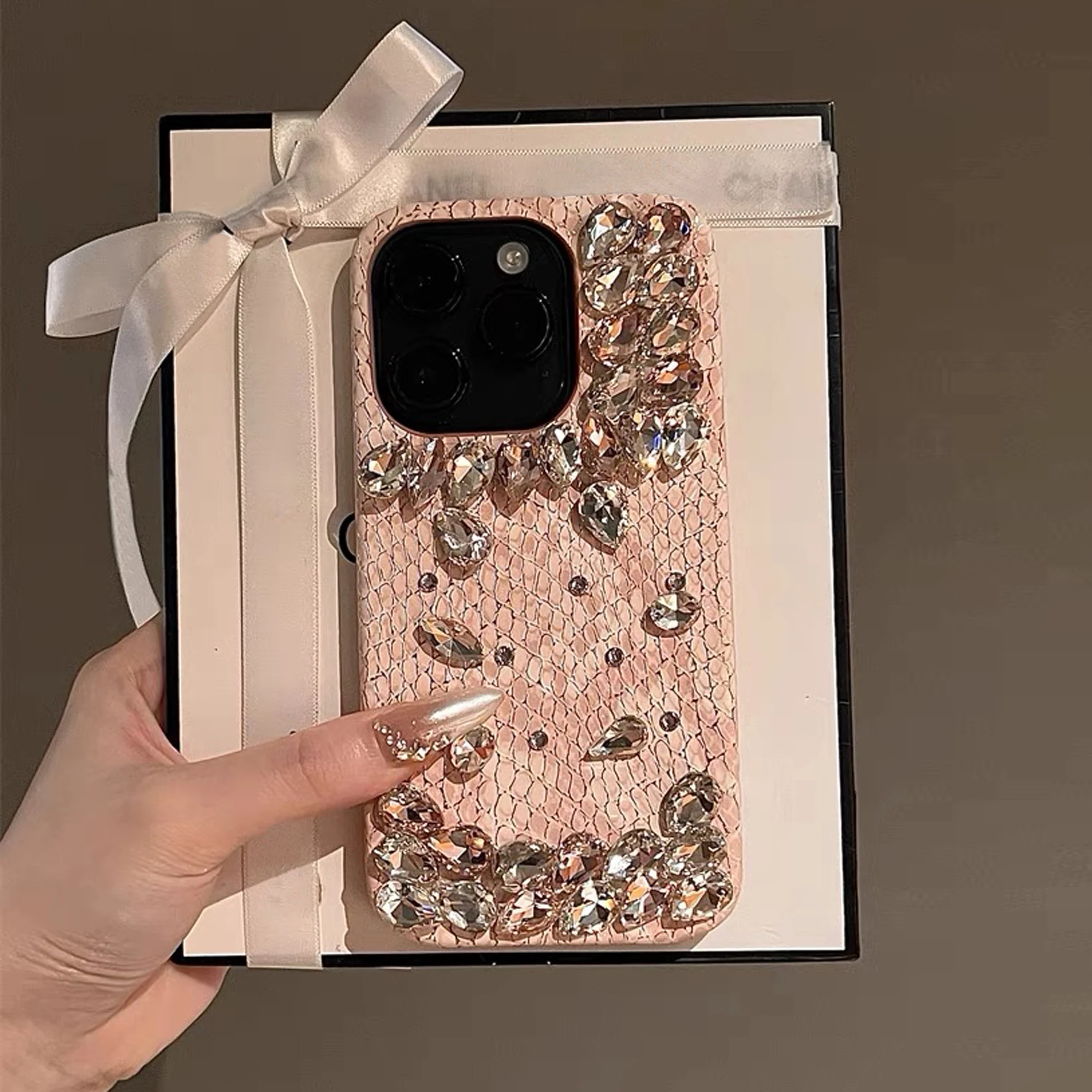 Snake-Print Skin Rhinestone Phone Case For iPhone 15 14 13 12 11 Pro Max Fall-Proof Luxury Girl Phone Case