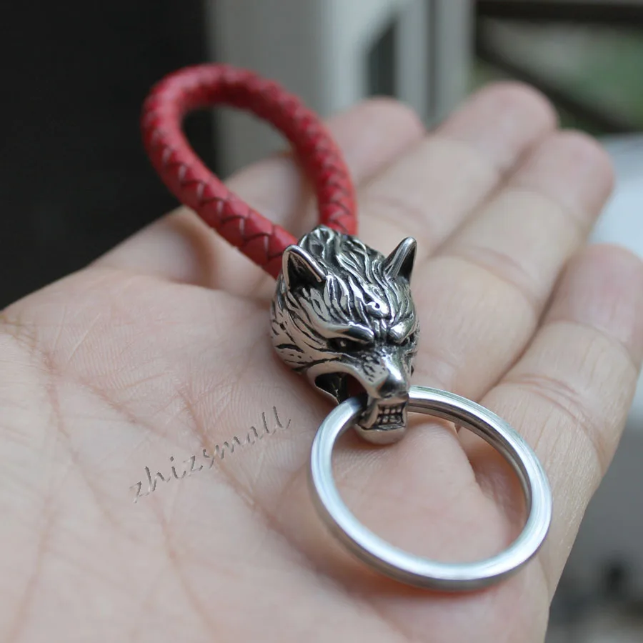 316L stainless steel wolf head leather car Automobile women's waist buckle key chain Viking Wolf Keychain Ring Keybob