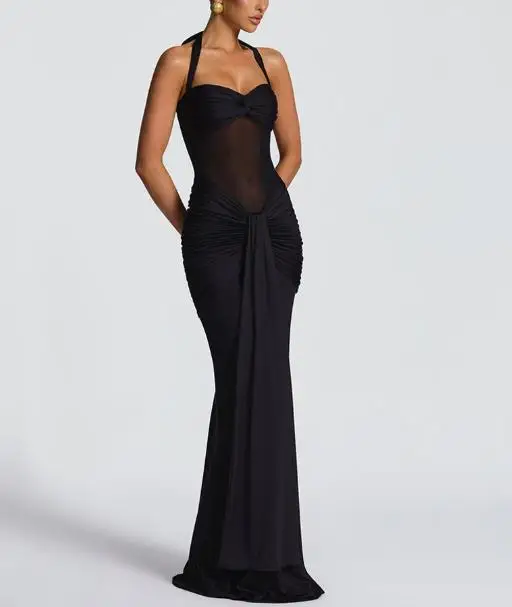 

2025 New Fashion Casual Elegant Sexy Party Evening Neck Strap Mesh Splicing Float Belt Dress Female Clothing