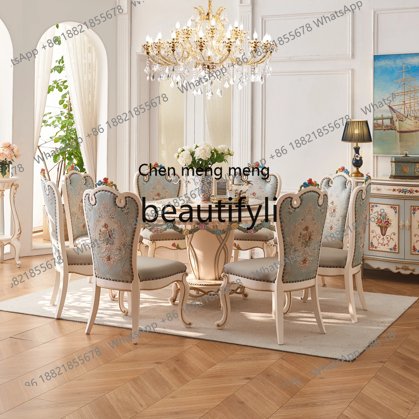 European French style, villa all solid wood 1.5M with turntable hand-painted flower round dining table and chairs