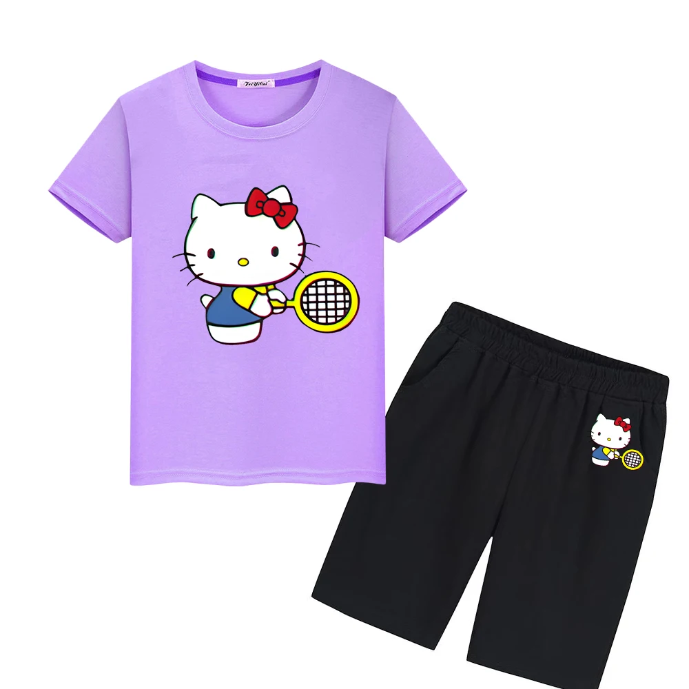 

hello kitty Print boys girl 100%Cotton Cute T-shirt Summer Kawaii Tops+shorts Anime Tshirts clothes kid holiday gift Sports Sets