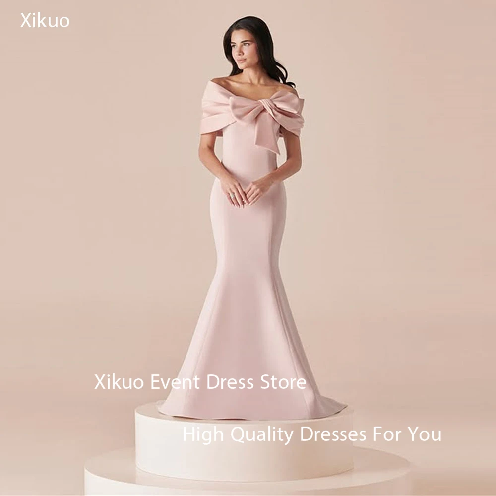 Xikuo สง่างามสีชมพูซาตินชุดราตรี Mermaid Off ไหล่ Robe ค็อกเทล Femmes ฤดูร้อน Saudi Bow Party Prom Dresses ที่กําหนดเอง