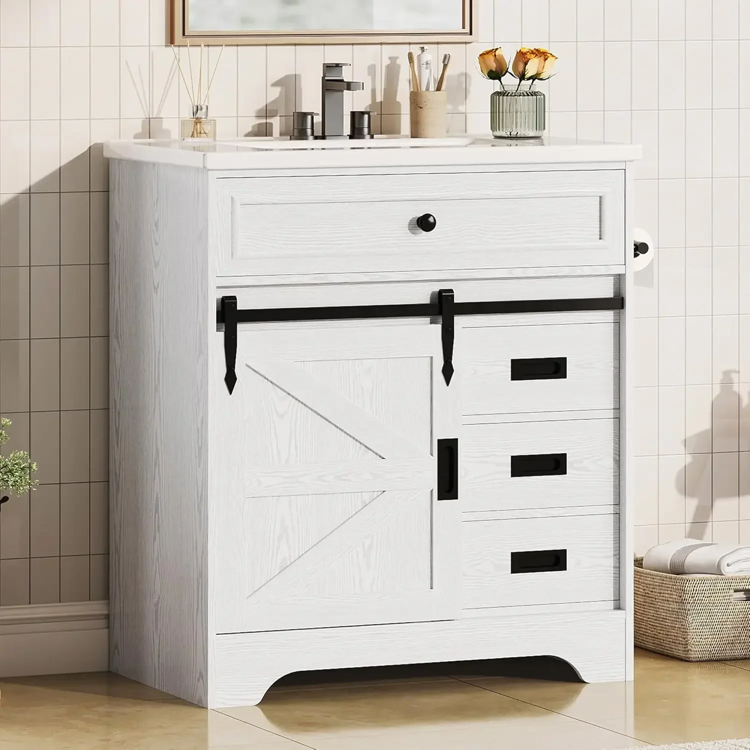 

30" Bathroom Vanity Sink Farmhouse Cabinet Flip Drawer Barn Door Freestanding Metal Handle White Customized