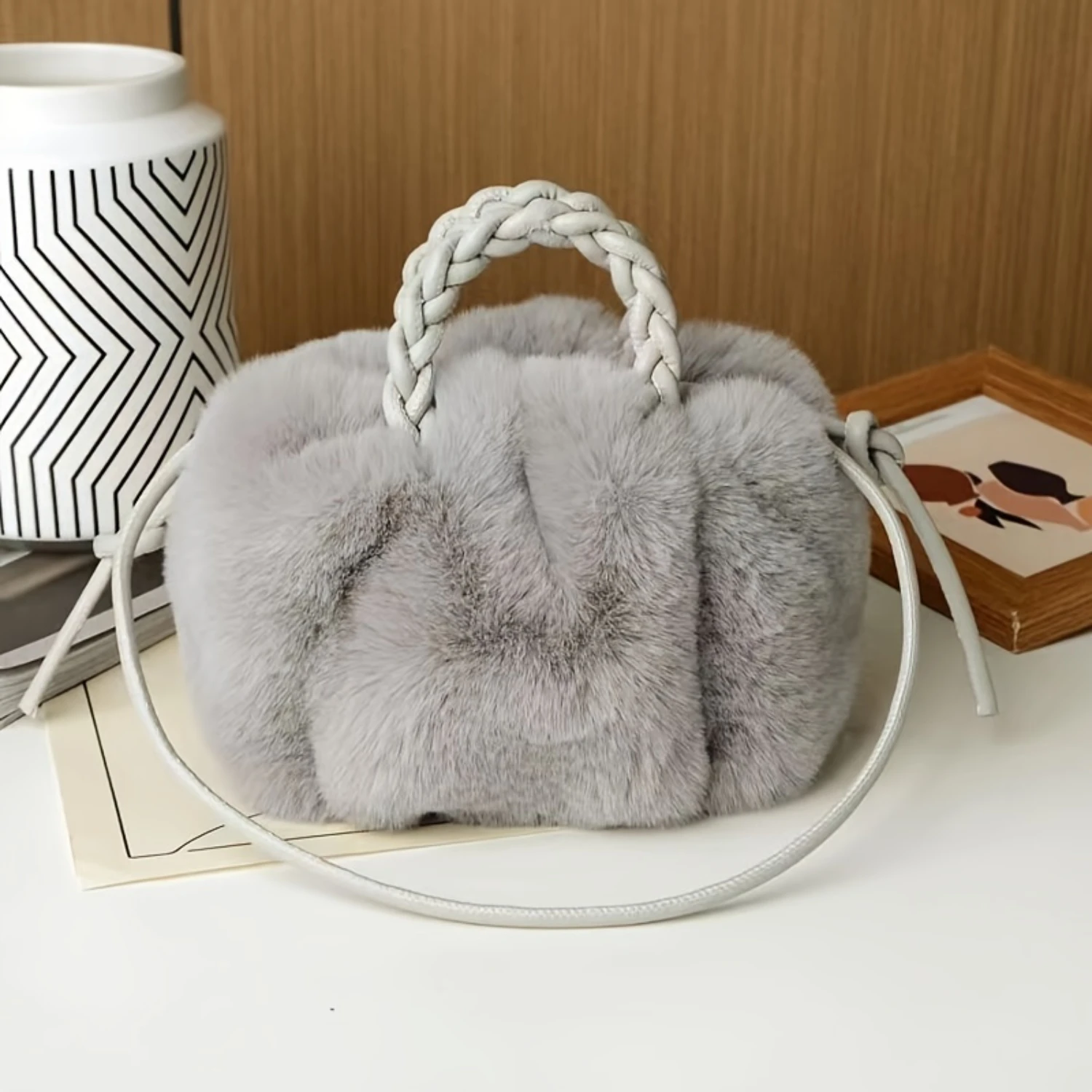 Ruched Plush Handbag, Y2K Faux  Crossbody Bag, Cute Fluffy Shoulder Bag For Women