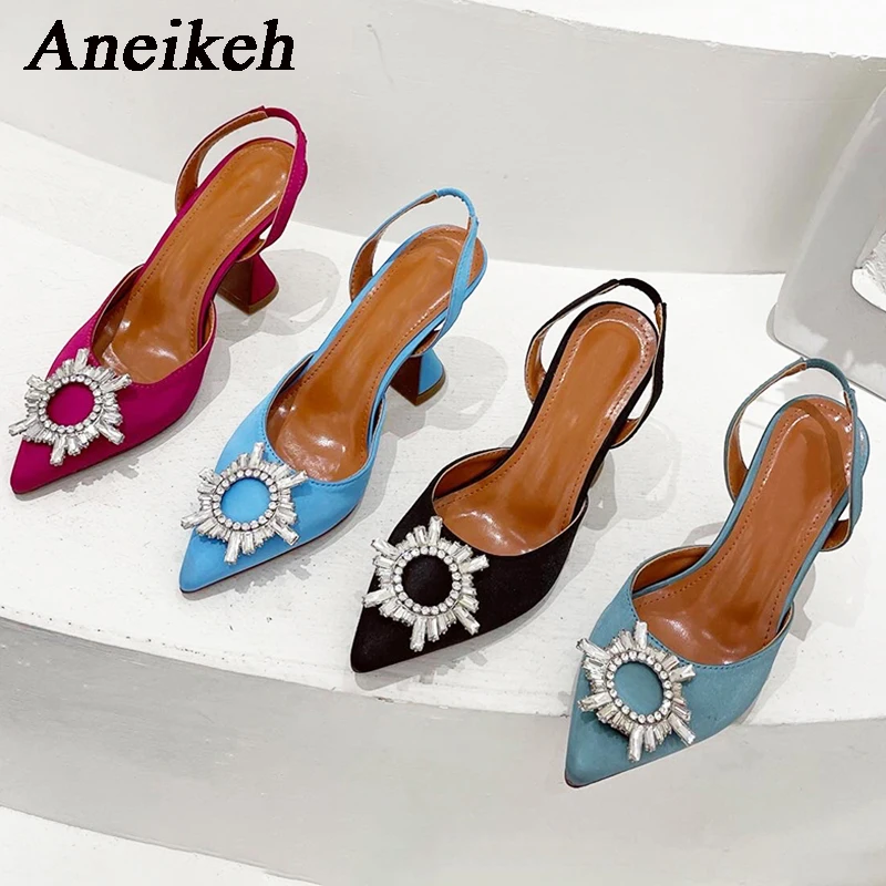 Aneikeh Brand Women Silk High Heels Luxury Crystal Butterfly Knot High Heels Summer Pointed Shoes Triangle Heeled Bride Pumps