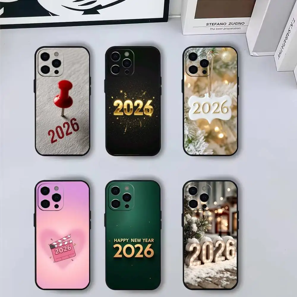 حافظة هاتف N-New Y-Year 2026 لهاتف iPhone 17,16,15,14,13,12,11 Plus، Pro Max، XS، غطاء أسود من السيليكون الناعم