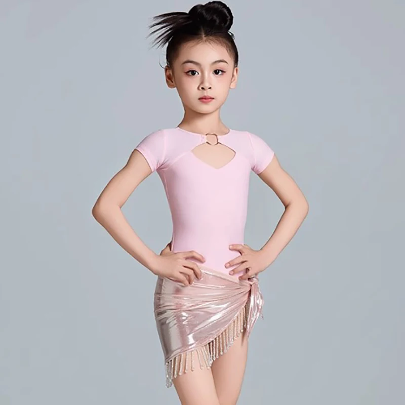 

Kids Girls Latin Dance Short Sleeve Bodysuit and Beaded Fringe Arm Scarf Skirts Ballroom Rumba Dancewear Training Performance