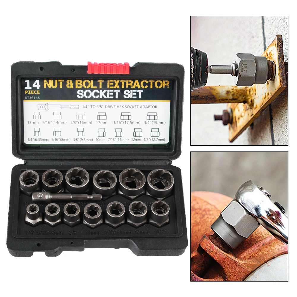 

6.35mm-19mm Damaged Screw Extractor 14pcs Cr-Mo Steel Car Tool Kit Hand Tools Bolt Nut Remover Socket Set