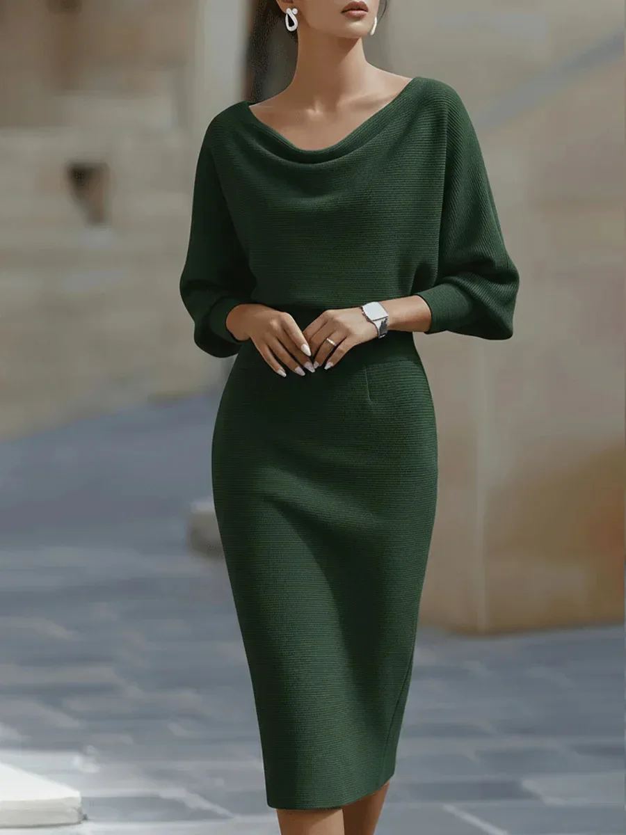 Damenkleid mit Wasserfallausschnitt und Fledermausärmeln, gestricktes Midikleid, hohe Taille, figurbetont, elegant, für den Alltag, Büro und Party. – Detail 7