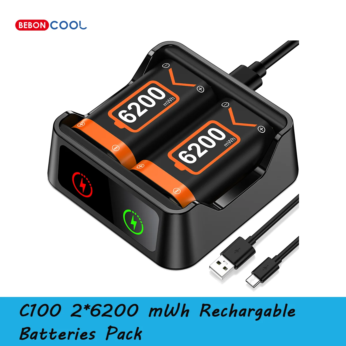 BEBONCOOL C100 2*6200 mWh حزمة بطاريات قابلة للشحن لـ XBOX Serise S/X وXBOX ONE S/X/Elite مع كابل الشحن