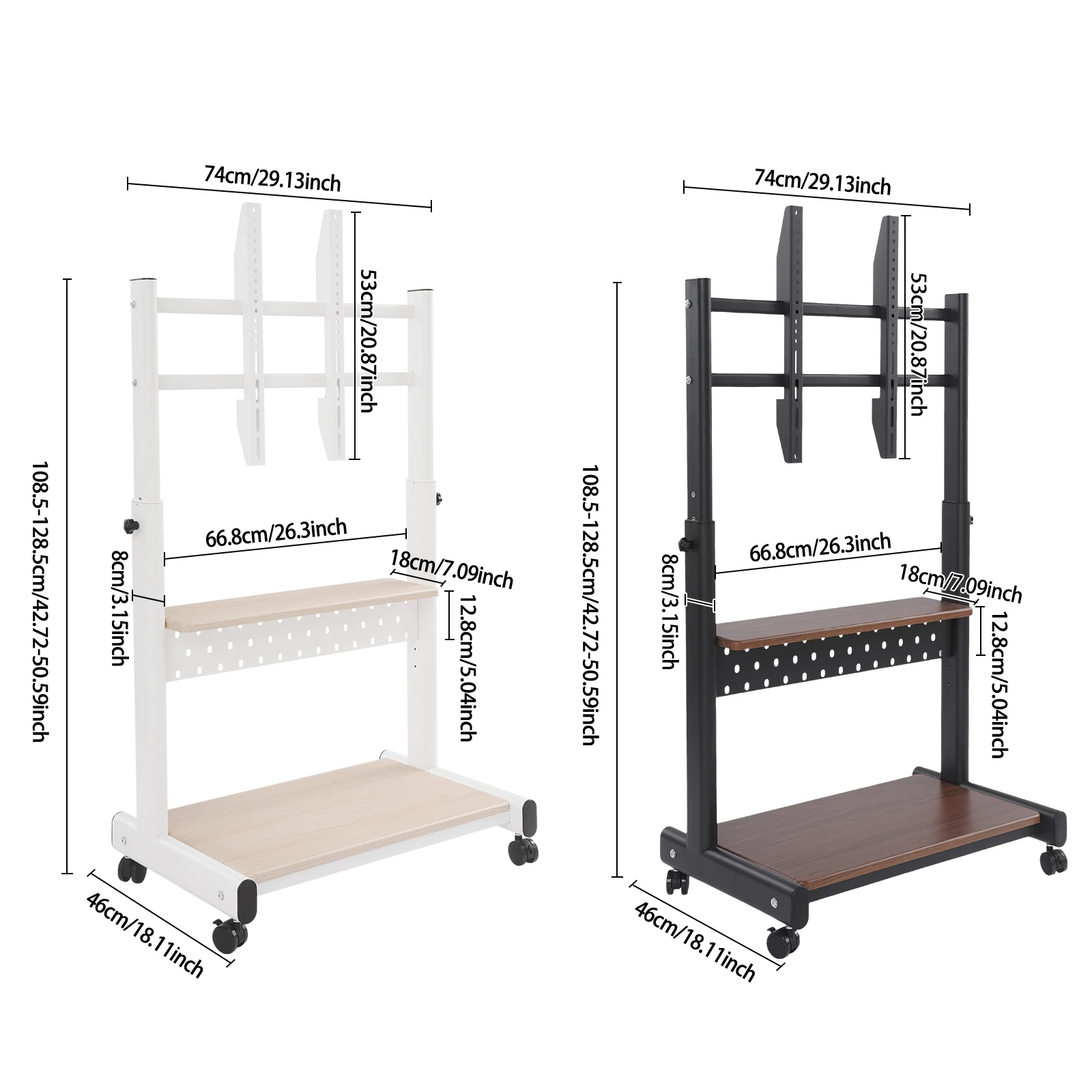 Mobile TV Stand for 43-86'' TVs Tilt TV Cart Holds up to 220.46lb Portable Adjustable Stand with Storage Shelf Rolling Floor