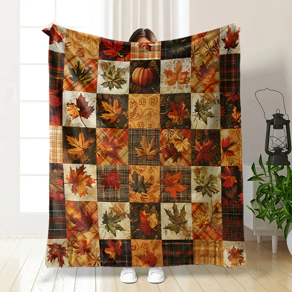 1 Piece of Vintage Distressed Checkered Maple Leaf Print Blanket, Thanksgiving Autumn Atmosphere Sofa Decorative Throw Blanket
