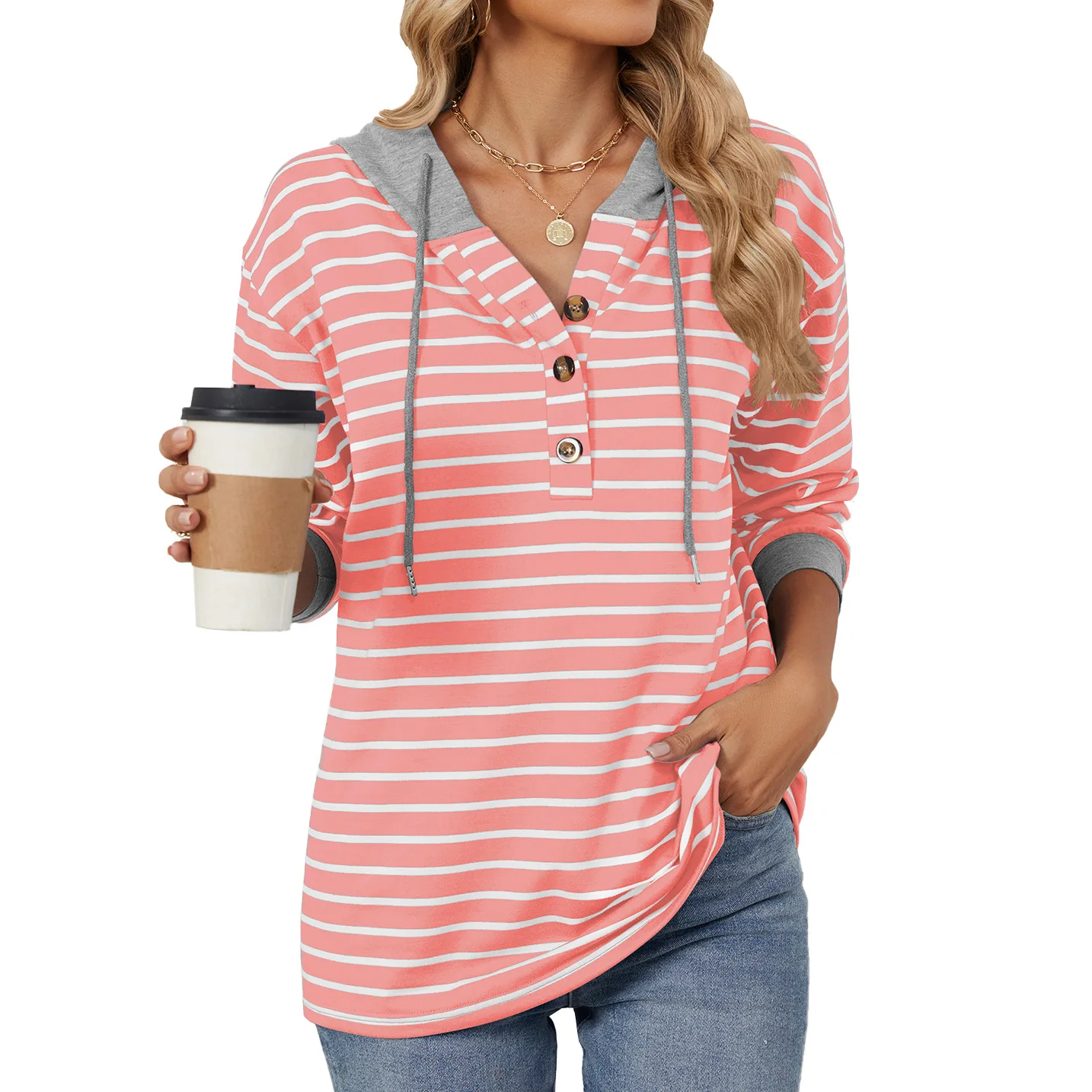 Fall and Winter Comfortable Hooded Button Drawstring Casual Long Sleeve Sweatshirt Top Pullover Hoodies