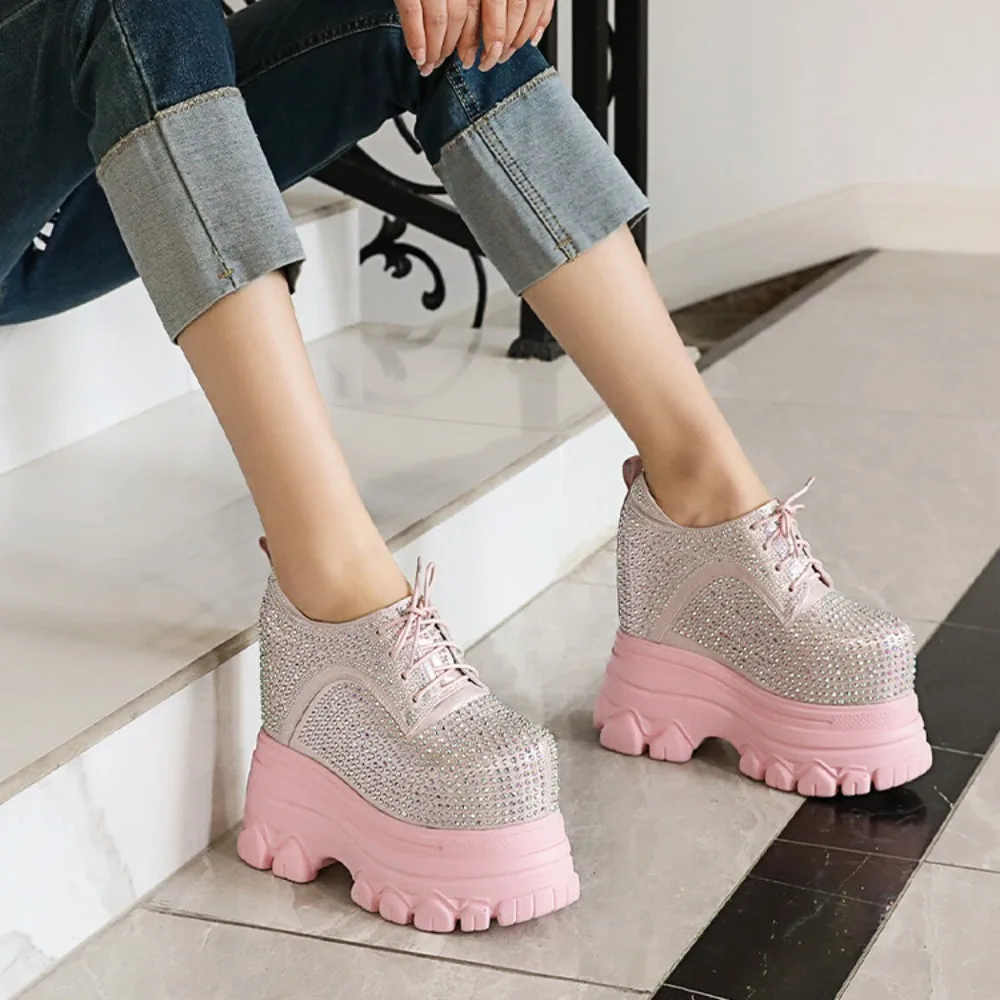 16cm Genuine Leather Platform Wedge Chunky Sneaker Hidden Heels Casual Rhinestone Spring Autumn High Brand Vulcanize Shoes