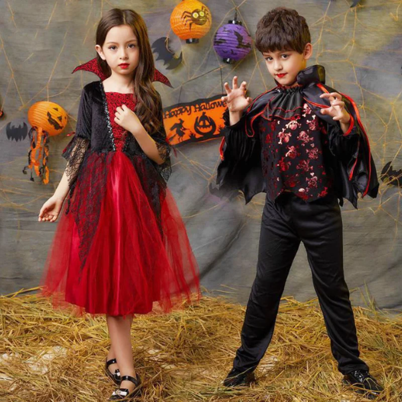 Disfraz gótico de vampiro para niñas, vestido de Halloween para niños, disfraz de novia fantasma, traje de carnaval, ropa negra y roja, 2024