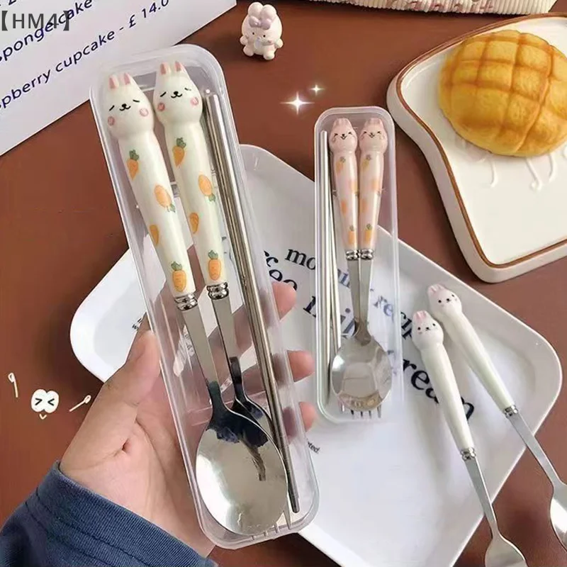 ómHM4 Parque3pcs Schattig Konijn Kinderen Lepel Vorken Eetstokjes Met Doos Roestvrij Stalen Bestek Draagbare Gebruiksvoorwerpen Servies Set