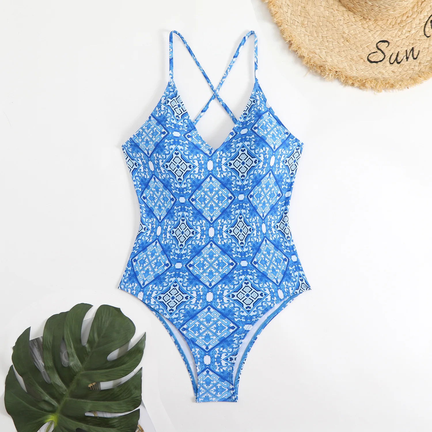 Sexy Floral One Piece Swimsuits Women Bathing Suit V Neck Swimwear Female Monokini Cross Backless Swimming for Suits Beachwear