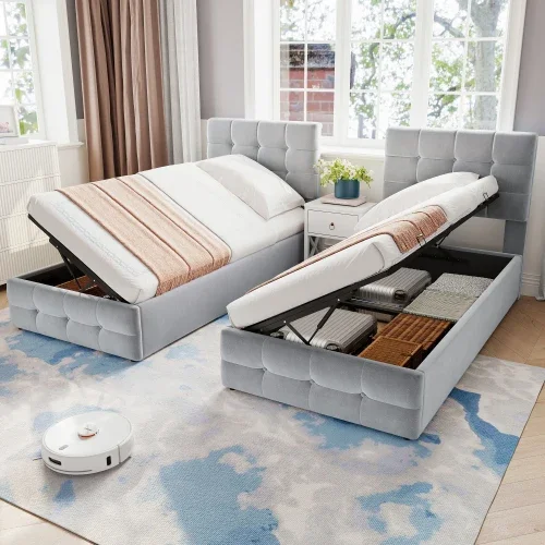 Modern King Size Solid Wood Bed Frame with Storage Tufted Design Soft  Style Furniture for Bedroom Enhancing Setup