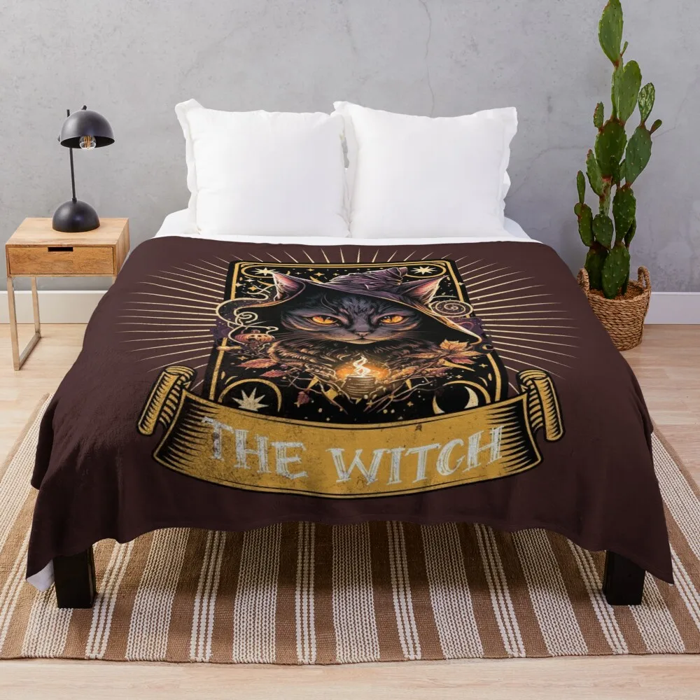 The Witch - Elegant Halloween Tarot Card with Cat Throw Blanket Soft Beds Thin Blankets