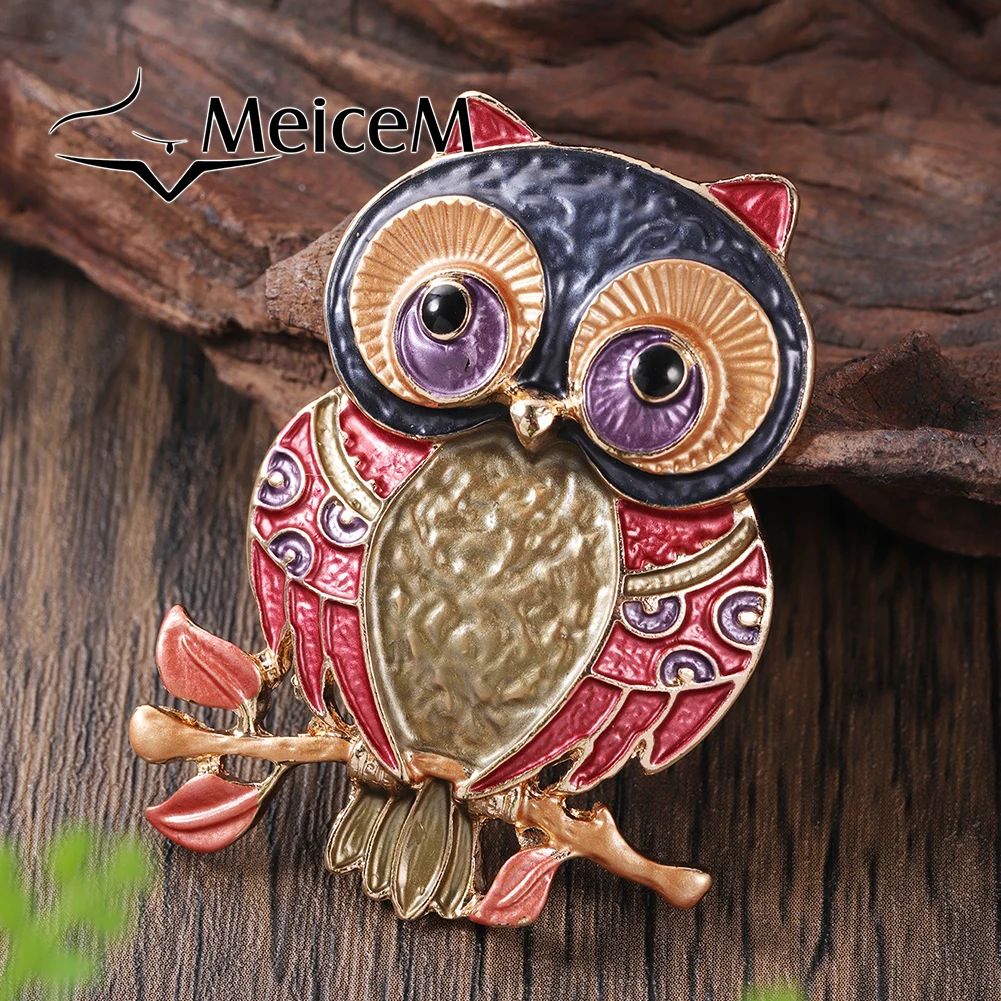 MeiceM Brooch Zinc Alloy Animal Series Enamelled Colorful Owl Twigs Innovative Temperament All Match Design Brooch For Women