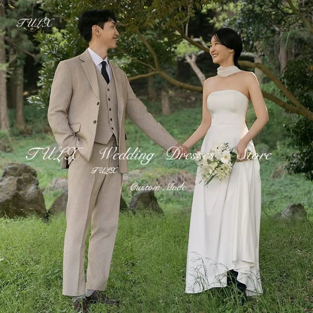 TULX Simple Ivory Korea Wedding Dress Photo Shoot Strapless Sleeveless Corset A line Long Bridal Gowns 웨딩드레스 Customized