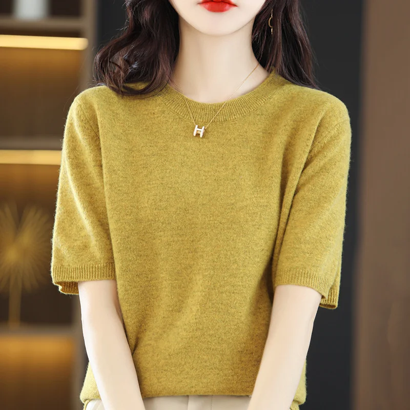 

Pure 100% Wool T-shirt Spring and Summer New Women's O-Neck Short-sleeved Slim Fashion Knitted Bottoming Tops Hot