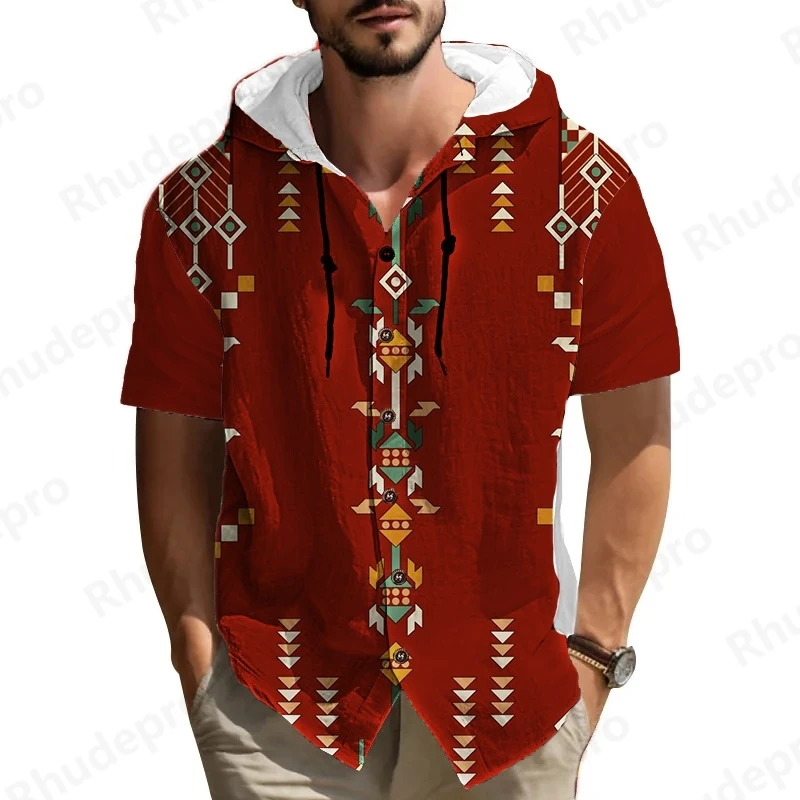 

Summer 2025 New National Style Sports Short Sleeve Shirt Men's Casual 3D Printed Shirt Breathable Large Size Hooded Shirt