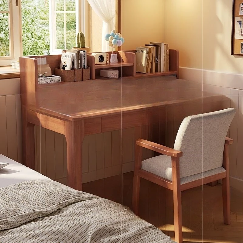 Solid wood desk, bookshelf combo, student home writing desk, bedroom, bedside children's study desk