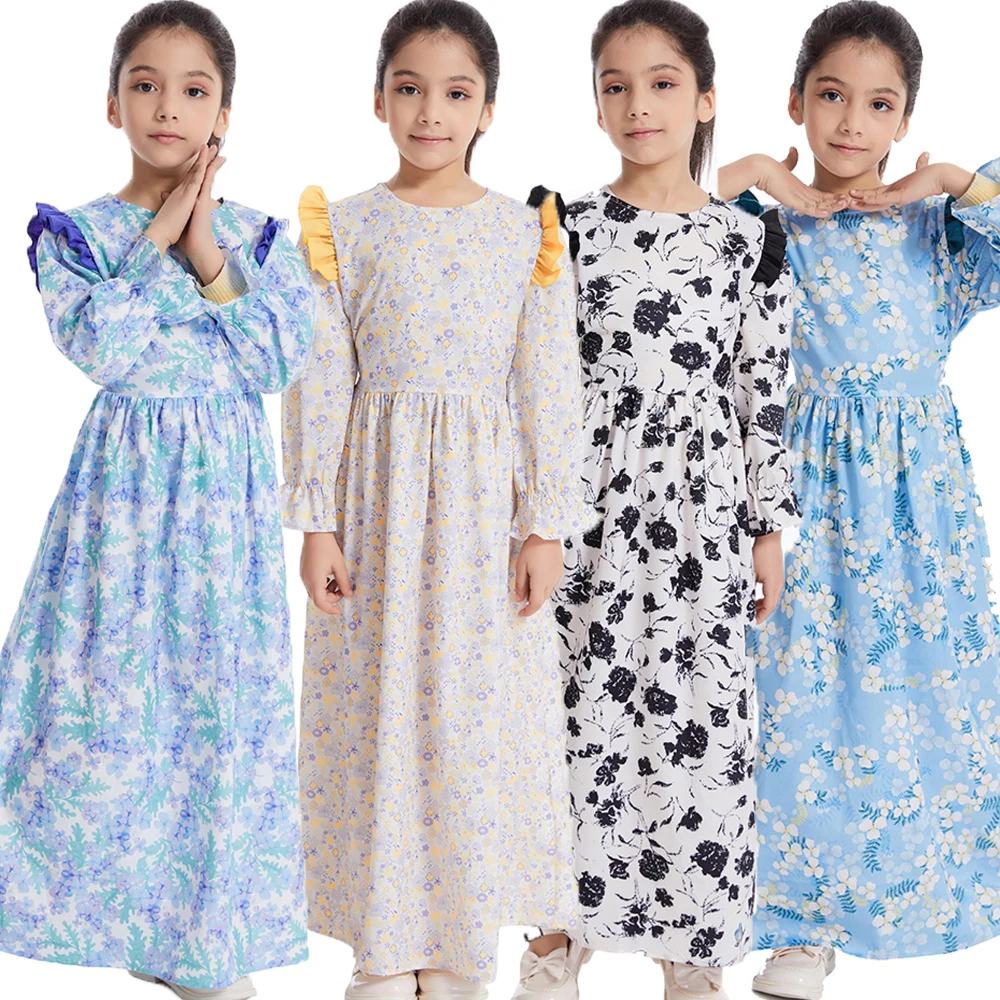 Marokkanische Eid-Party, muslimische Kinder, Mädchen, Abaya, Blumendruck, langes Maxikleid, Türkei, Kaftan, arabische Robe, islamische