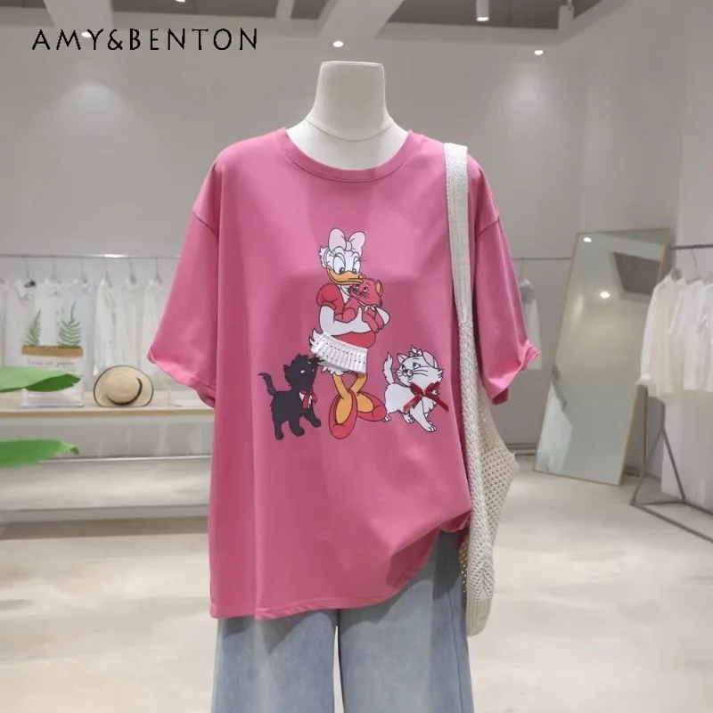 

Age-reducing Hot Girl Cartoon Cat T-shirt 2026 Spring Summer Sweet Loose Thin Medium And Long Cotton Short-sleeved Tshirt Women