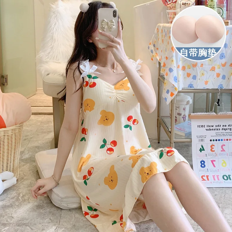 

Sexy Nightwear Women with Corset Bow Sleeveless Cute Fashion Nightgown Cartoon Bear Print Women Pajamas Dress Halter Sleepwear