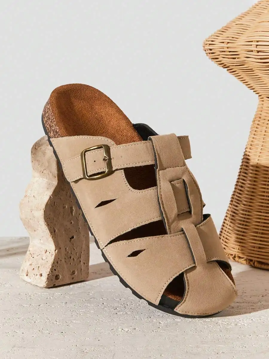 

Round Toe Buckle Strap Clogs, Arch Support Cork Footbed Comfort Daily Footwear For Men