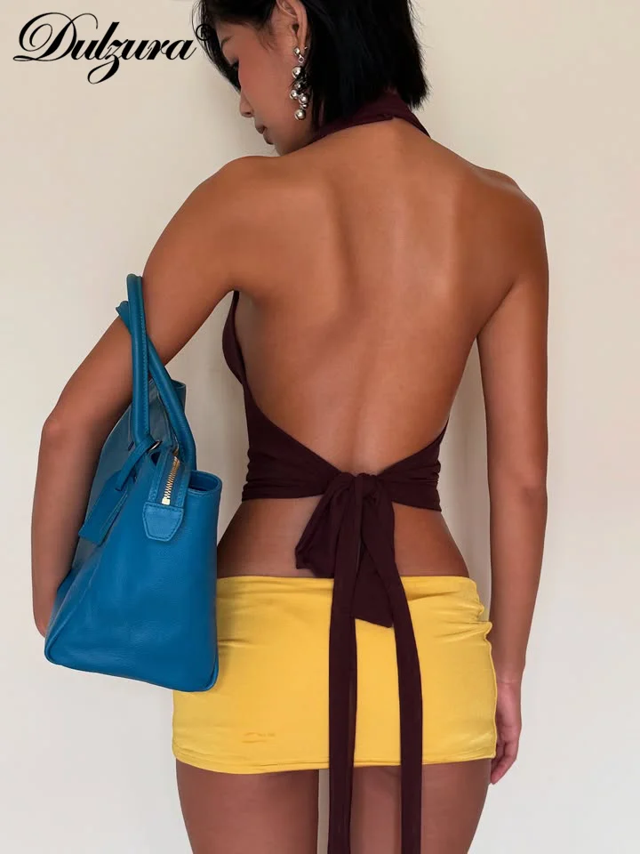 Dulzura, moda de verano, conjunto de falda Sexy elegante de 2 piezas con cuello oscilante, chaleco con cordones y espalda descubierta, Falda corta, conjunto a juego para fiesta y Club