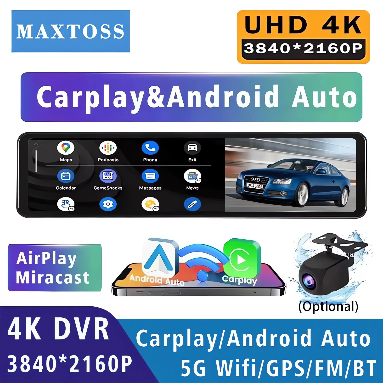 

11.26" 4K 2160P Dash Cam Carplay Android Auto Car DVR Dual Lens Wifi GPS BT FM Video Drive Recorder Stream Mirror Dashcam Camera