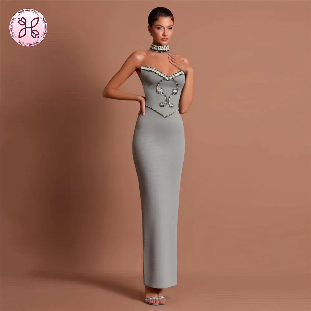 

Elegant Solid Color Bandage Gown - Strapless Beaded Dress with Necklace (Women's Formal Party & Evening Wear)