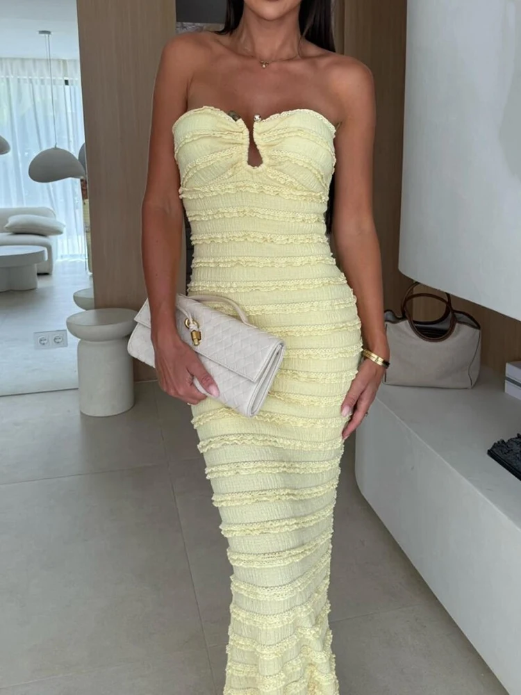 Vestido maxi simples de retalhos sem costas, vestido de festa chique elegante sem alças de verão feminino, novo vestido feminino de moda sem mangas sólido