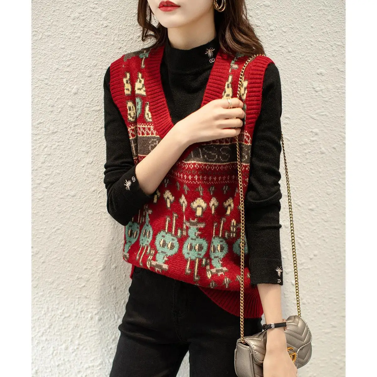 Fashionable Retro Vest Women's Autumn and Winter Outerwear New Loose V-neck Sleeveless Sweater Knitted Sweater Sleeveless Vest