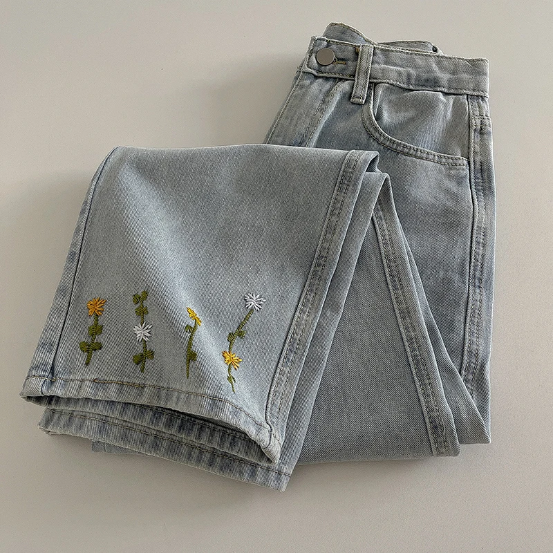 Versatile Light Blue Jeans for Women Colorful Embroidery Floral Print High Waist Denim Pants Female Casual Commute Outfits